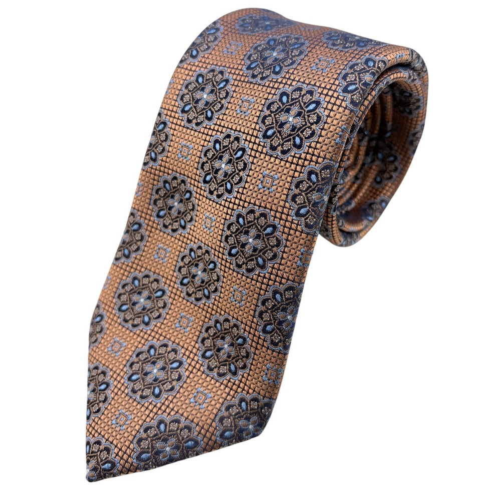 Jos A‎ Bank Men's Tie Silk Bronze Brown Blue Geometric 3.25" X 59.5" Formal EUC